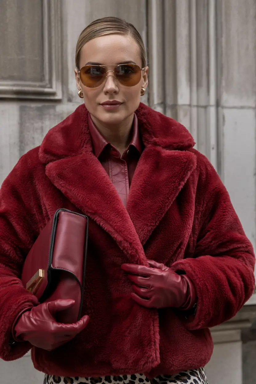 fall to winter outfits ideas 2025 Bold in Crimson Faux Fur