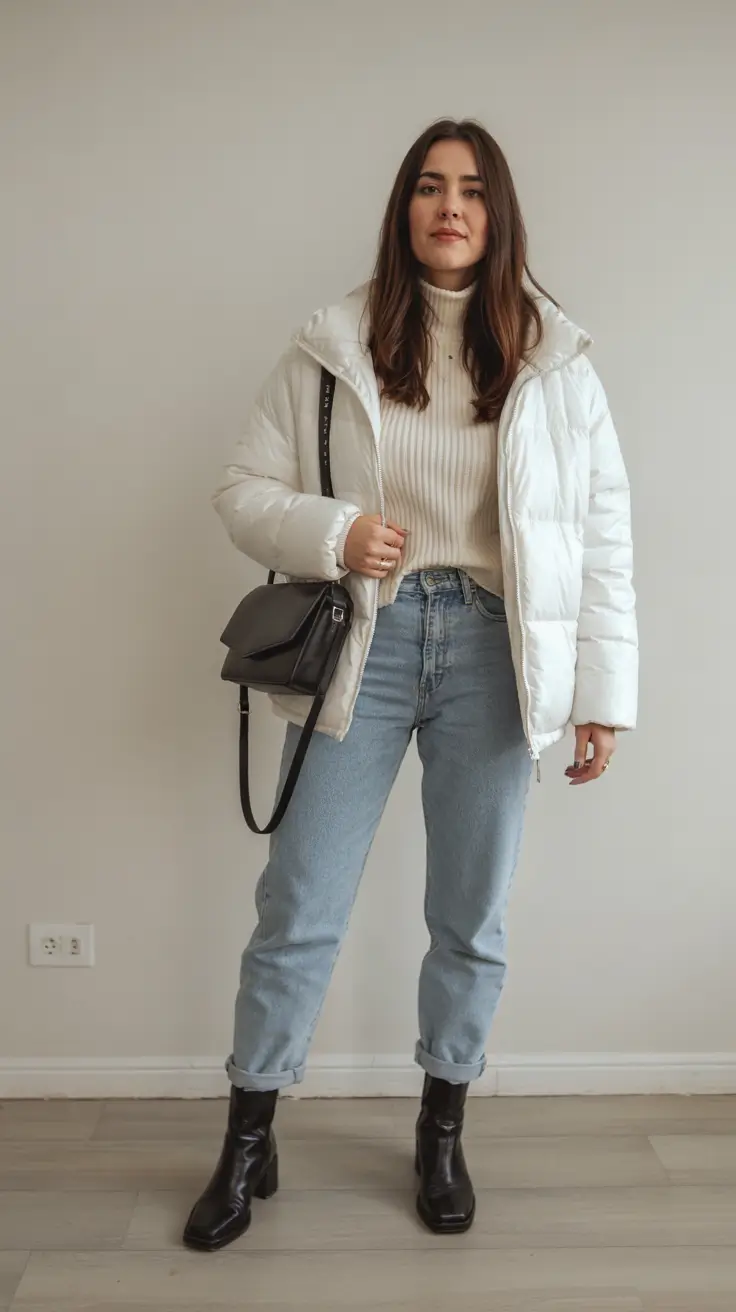 fall to winter outfits ideas 2025 Classic White Puffer With Everyday Denim
