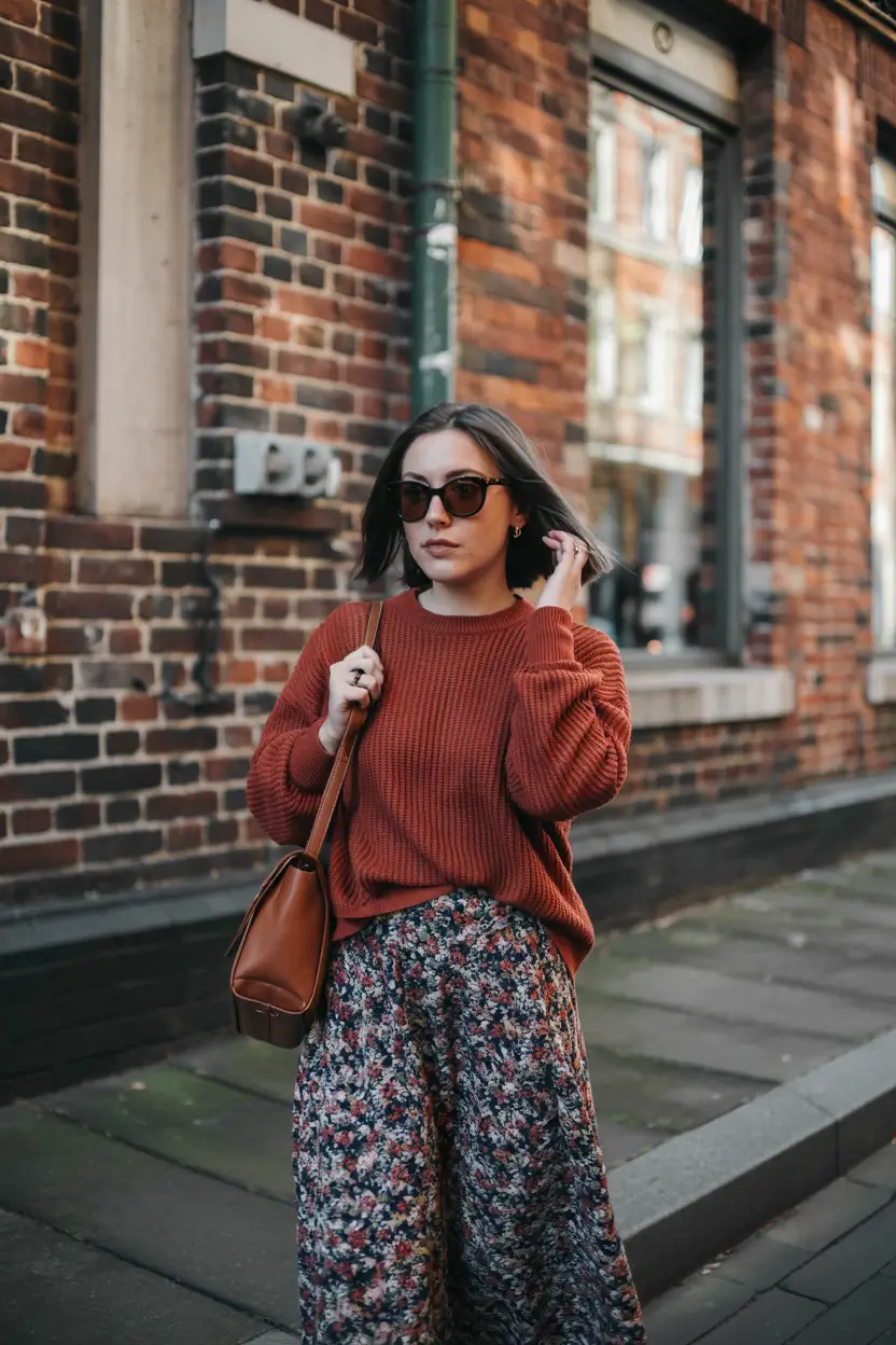 fall to winter outfits ideas 2025 Rust Knits and Floral Romance