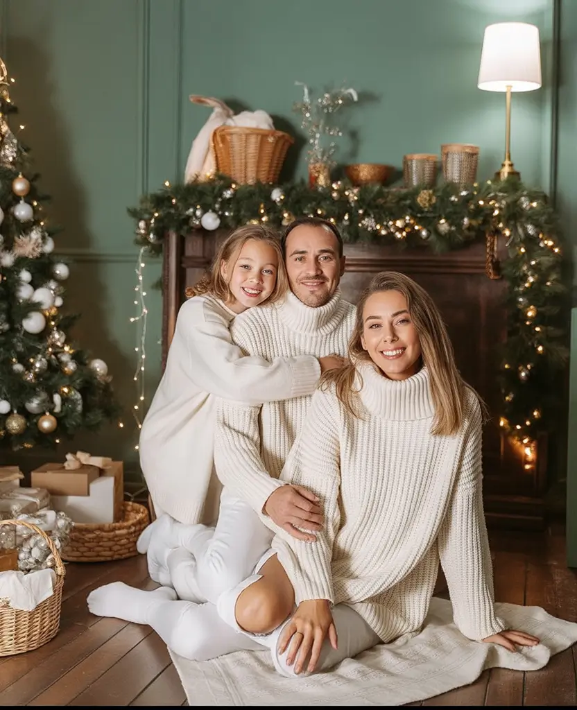 Family Outfit for Photos Winter 2025 - 2026 Warm Neutrals by the Fireplace