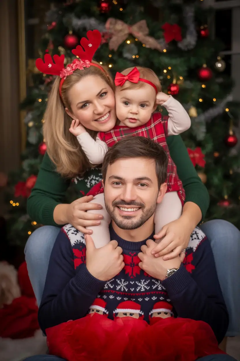 Family Outfit for Photos Winter 2025 - 2026 Playful Holiday Spirit in Red and Green