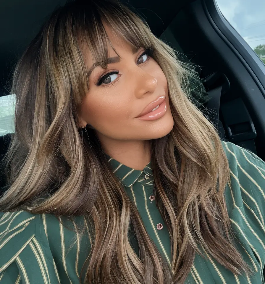 Hair Colors Ideas for Winter 2025-2026 Soft Brunette with Blonde Ribbons and Fringe