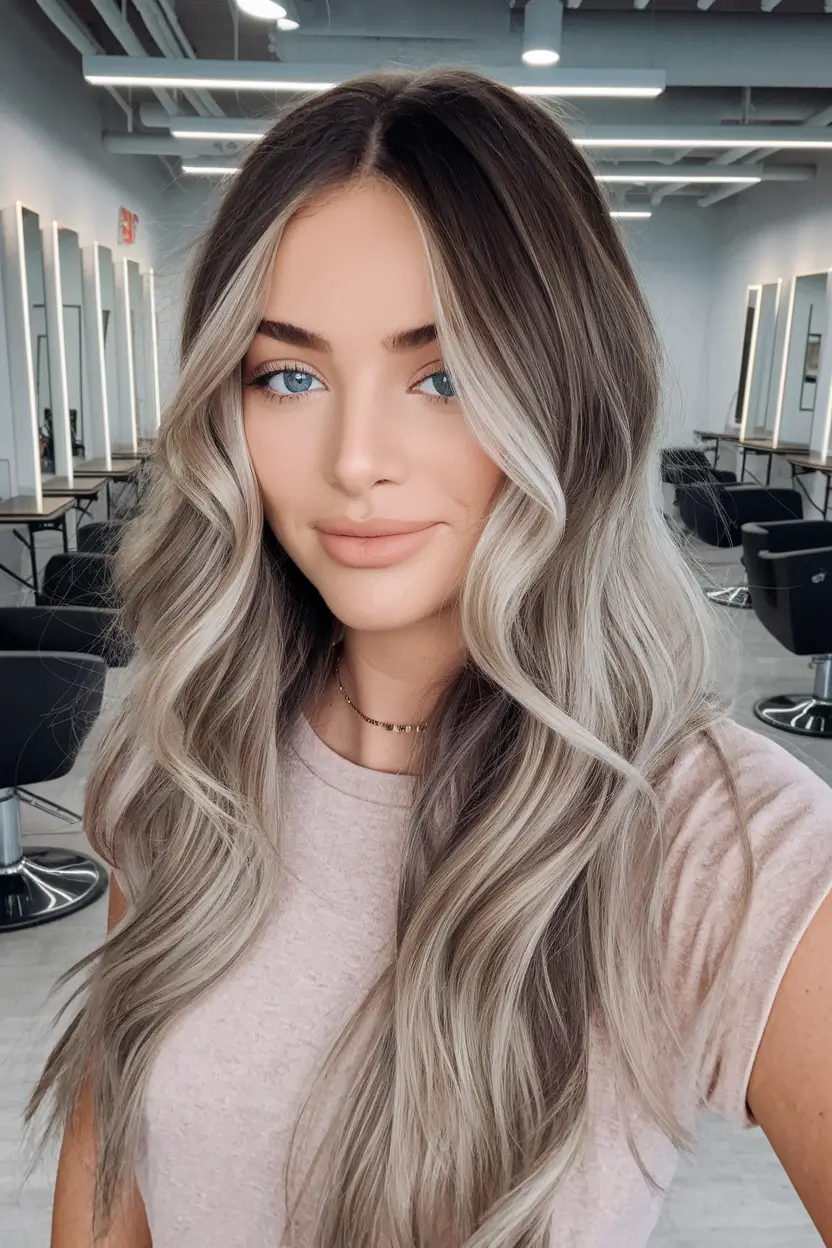Hair Colors Ideas for Winter 2025-2026 Silver Blonde Waves with Dimensional Roots