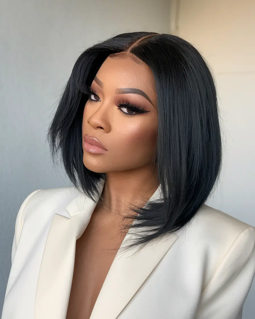 Hair Colors Ideas for Winter 2025-2026 Sharp Mid-Length Bob in Inky Black
