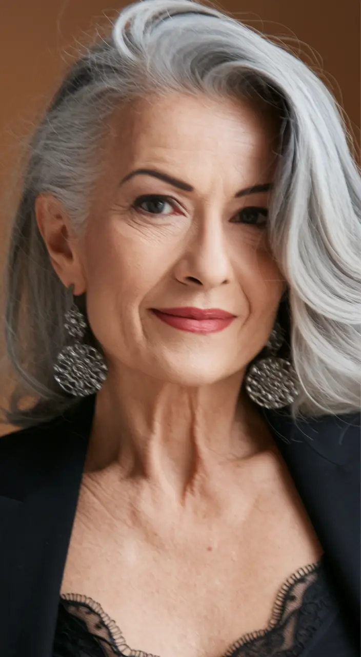 Haircuts for Women Over 40 Winter 2025–2026 Silver Elegance with Side-Swept Layers
