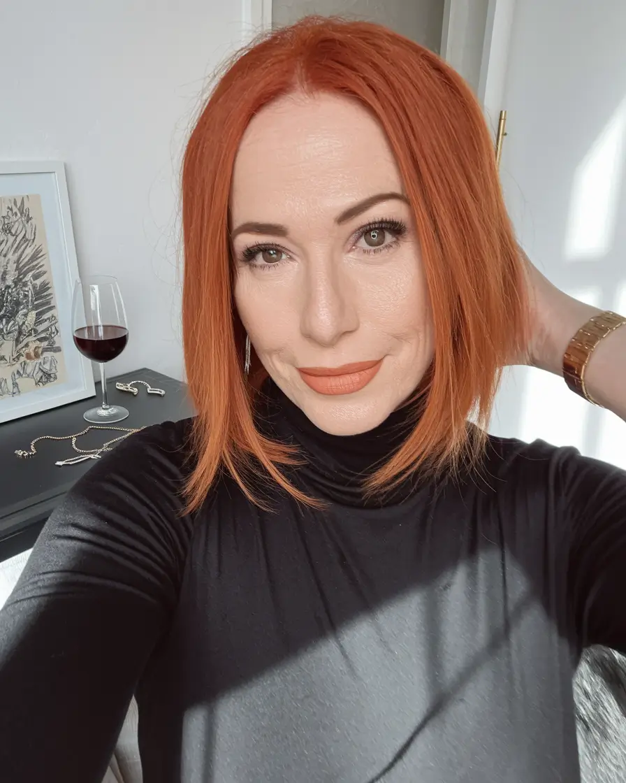Haircuts for Women Over 40 Winter 2025–2026 Fiery Red Lob with Straight Lines