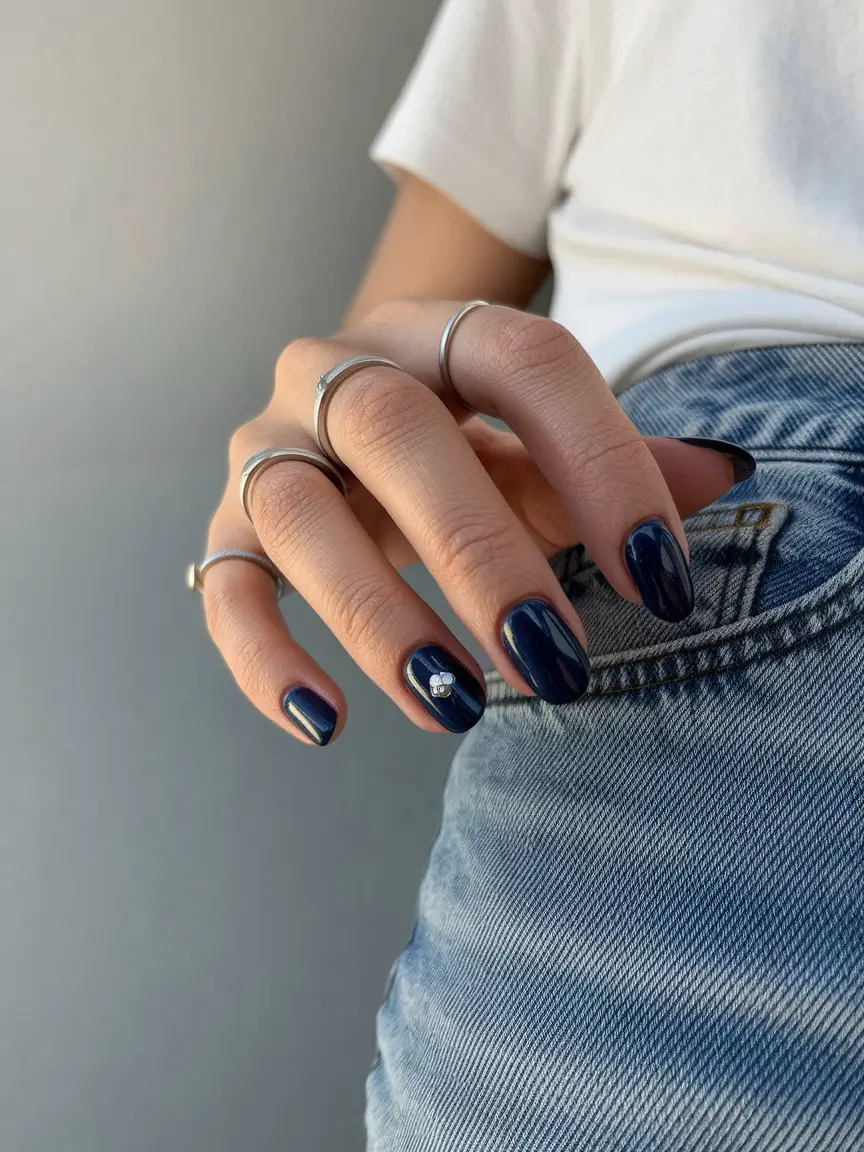 Modern Classy Winter Nails 2025-2026 Minimal Navy Gem