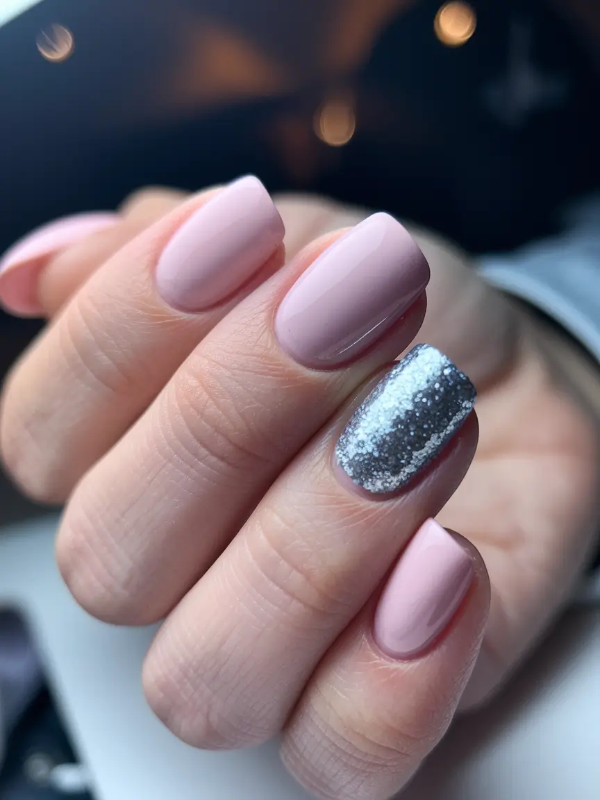 Modern Classy Winter Nails 2025-2026 Soft Pink with Silver Sparkle
