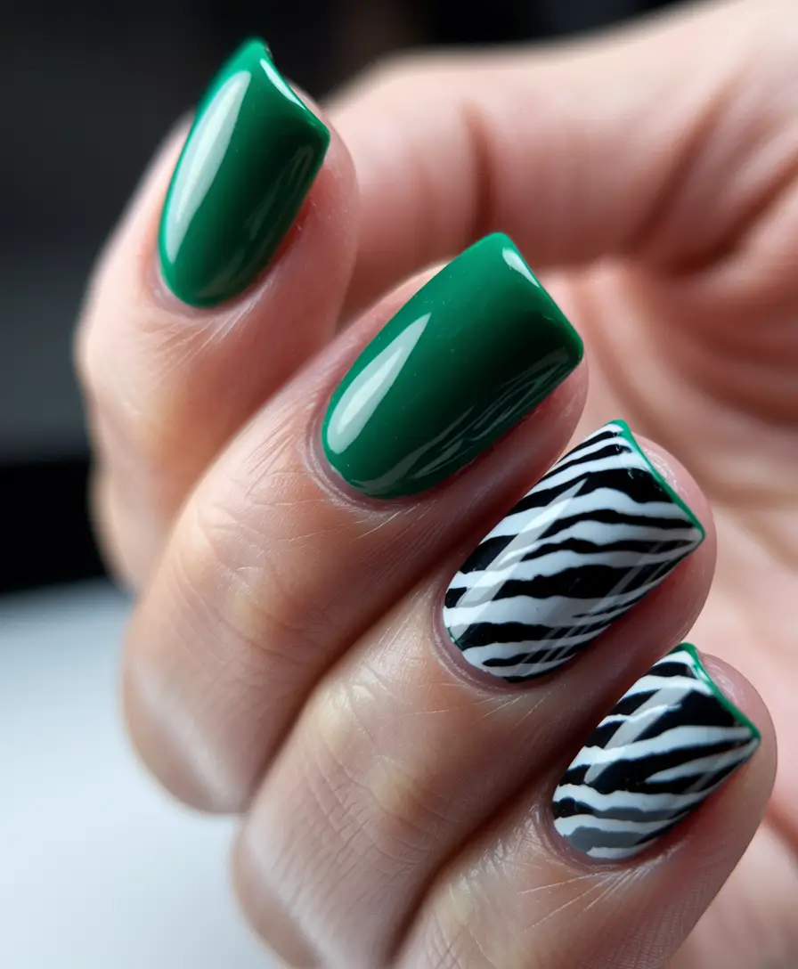 Modern Classy Winter Nails 2025-2026 Emerald with Zebra Accent