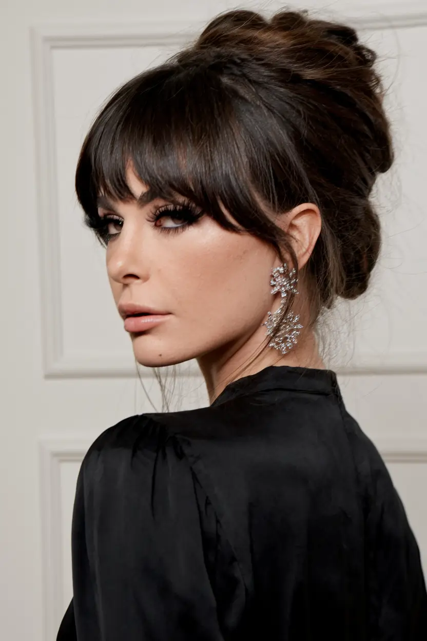 New haicuts ideas October 2025 Textured Updo with Full Fringe