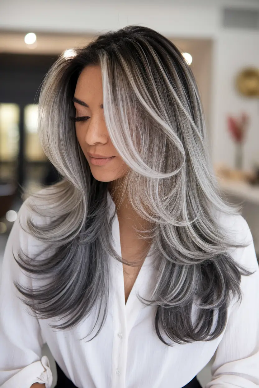 October hair color ideas – fall trends for 2025 Frosted Silver Layers