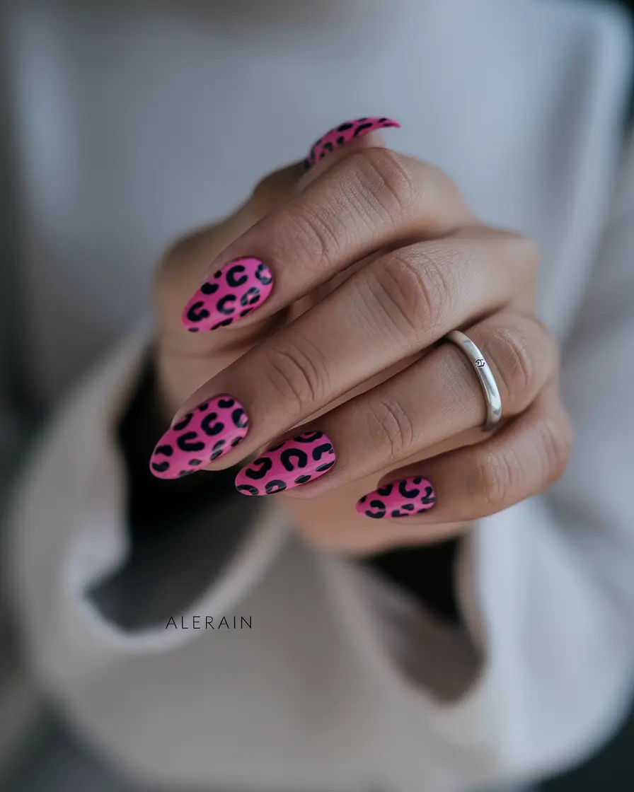 October nails color ideas 2025 Neon Pink Leopard Print