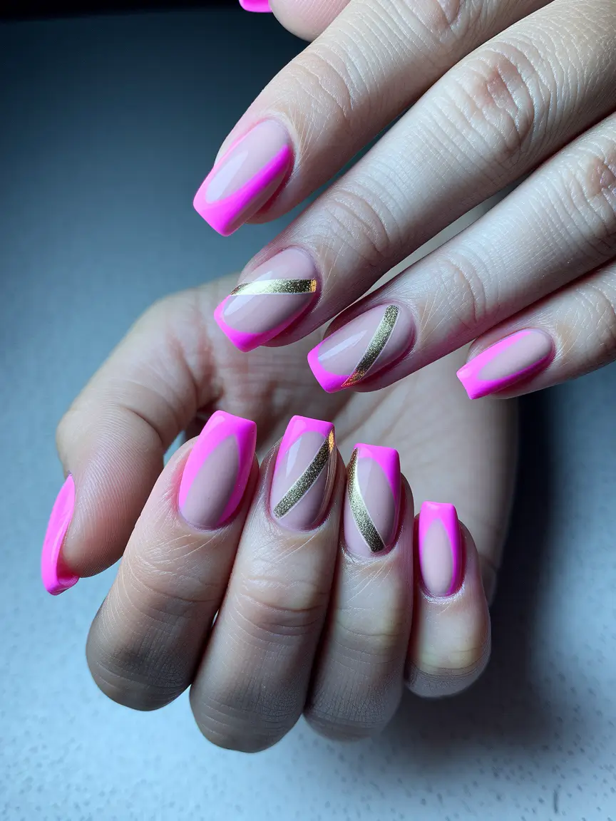 October nails color ideas 2025 Hot Pink French with Gold