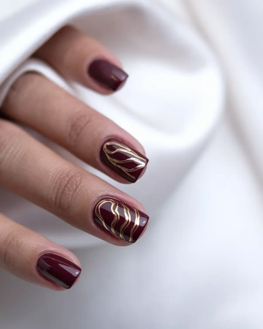 October nails color ideas 2025 Wine Red with Gold Lines