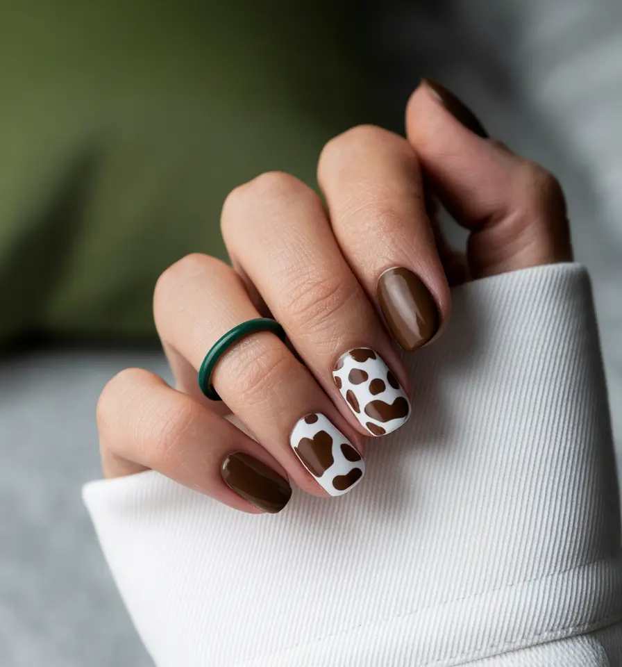 October nails color ideas 2025 Earthy Cow Print Accents
