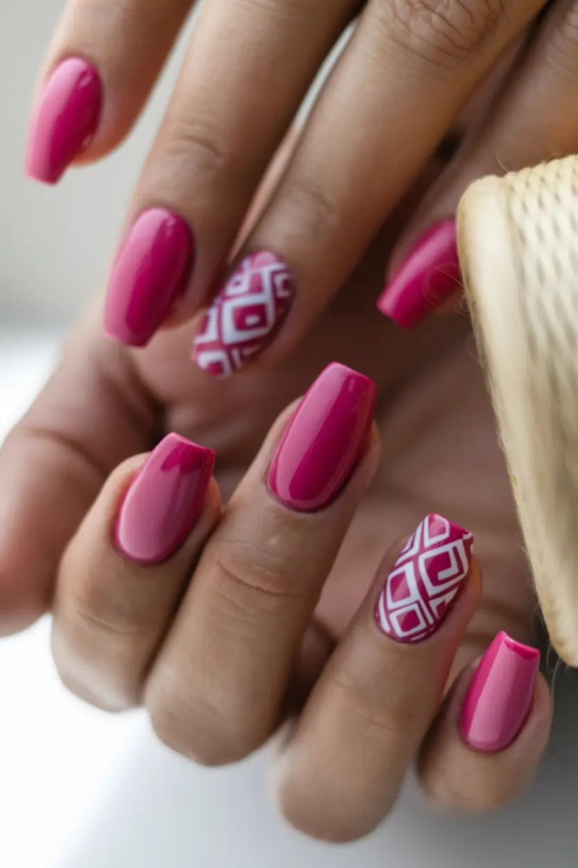 October nails color ideas 2025 Fuchsia with Geometric Accents