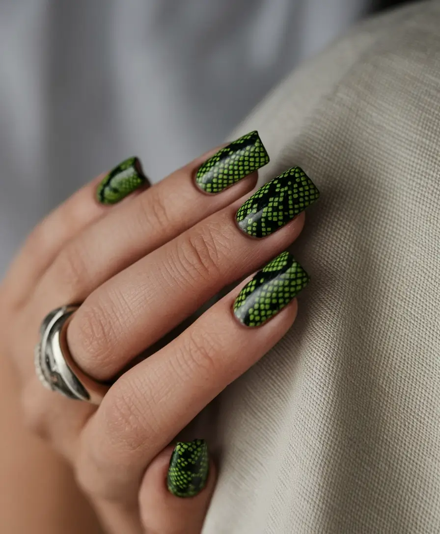 October nails color ideas 2025 Electric Green Snakeskin