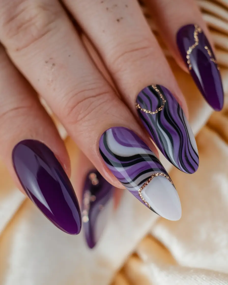 October nails color ideas 2025 Purple Marble Waves
