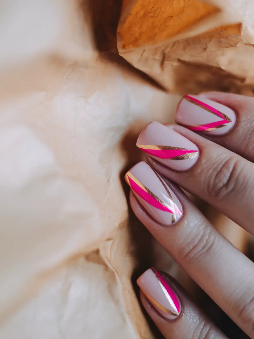 October nails color ideas 2025 Hot Pink & Gold Geometry