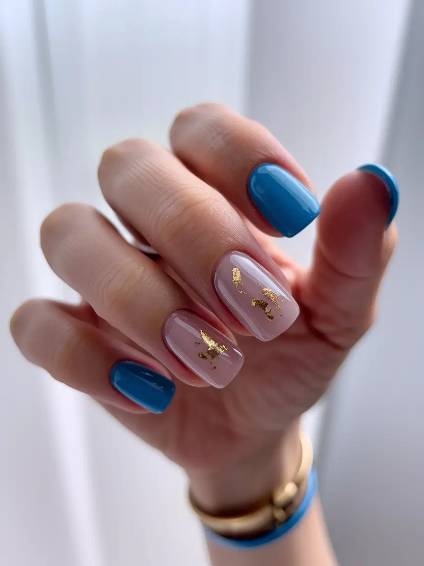 October nails design – fall trends for 2025 Blue and Gold Elegance
