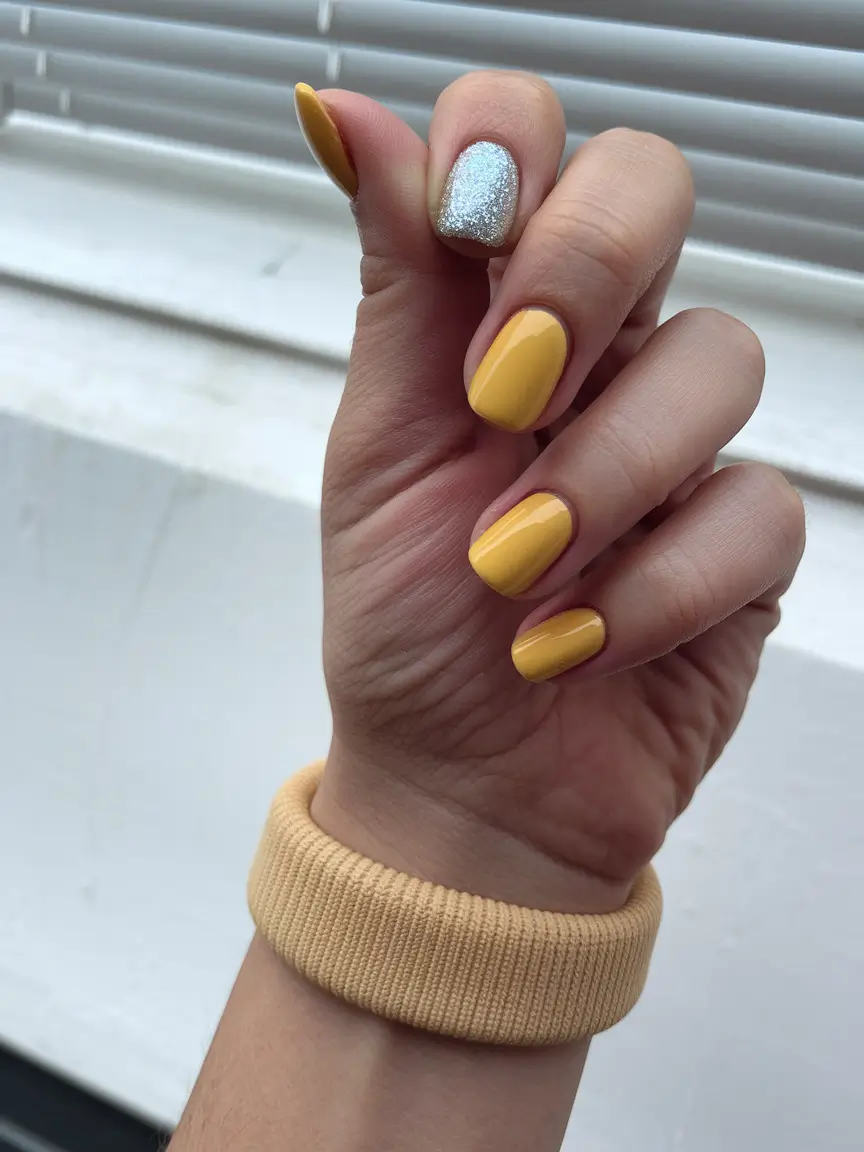October nails design – fall trends for 2025 Yellow Glow with Silver Accent