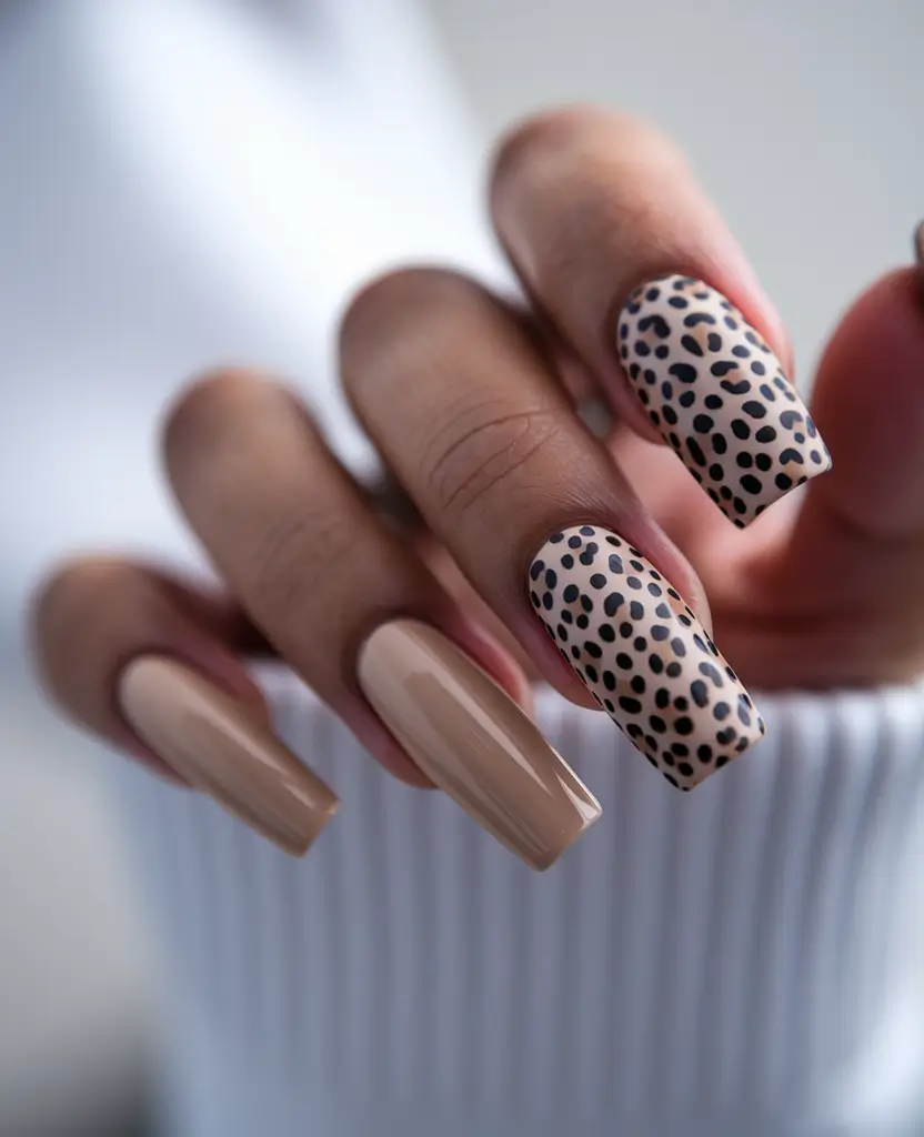 October nails design – fall trends for 2025 Neutral Glam with Animal Print