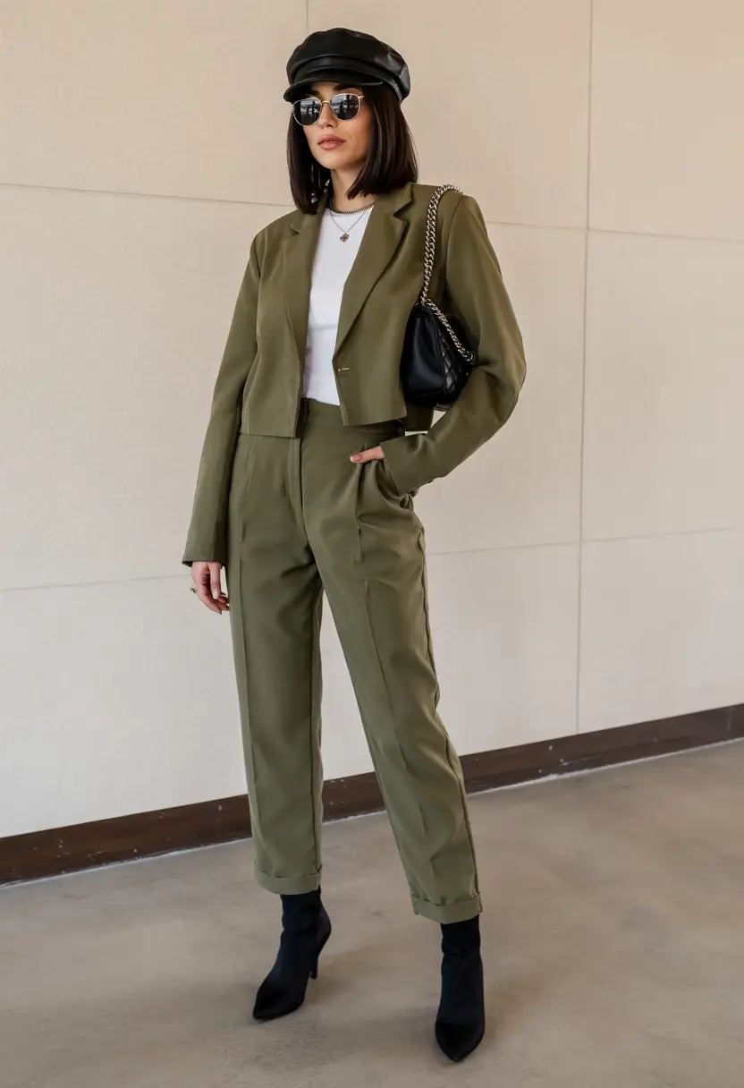 October outfits ideas 2025 Olive Suit with Parisian Twist