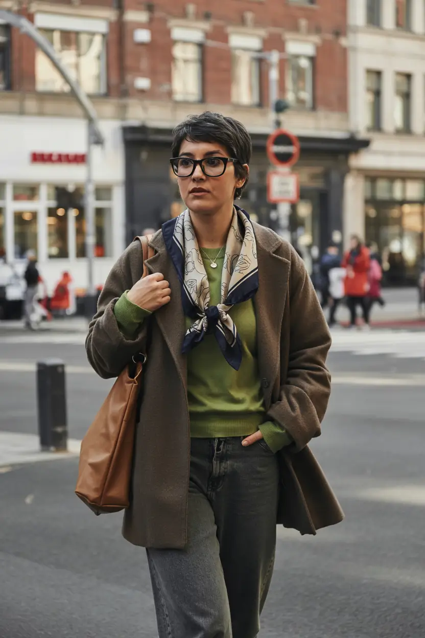 October outfits ideas 2025 Scarf & Green Knit Layers