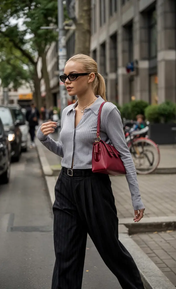 October outfits ideas 2025 Pinstripe Power with Pops of Color