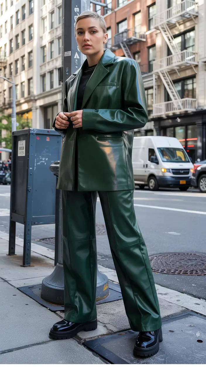 October outfits ideas 2025 Green Leather Power Suit