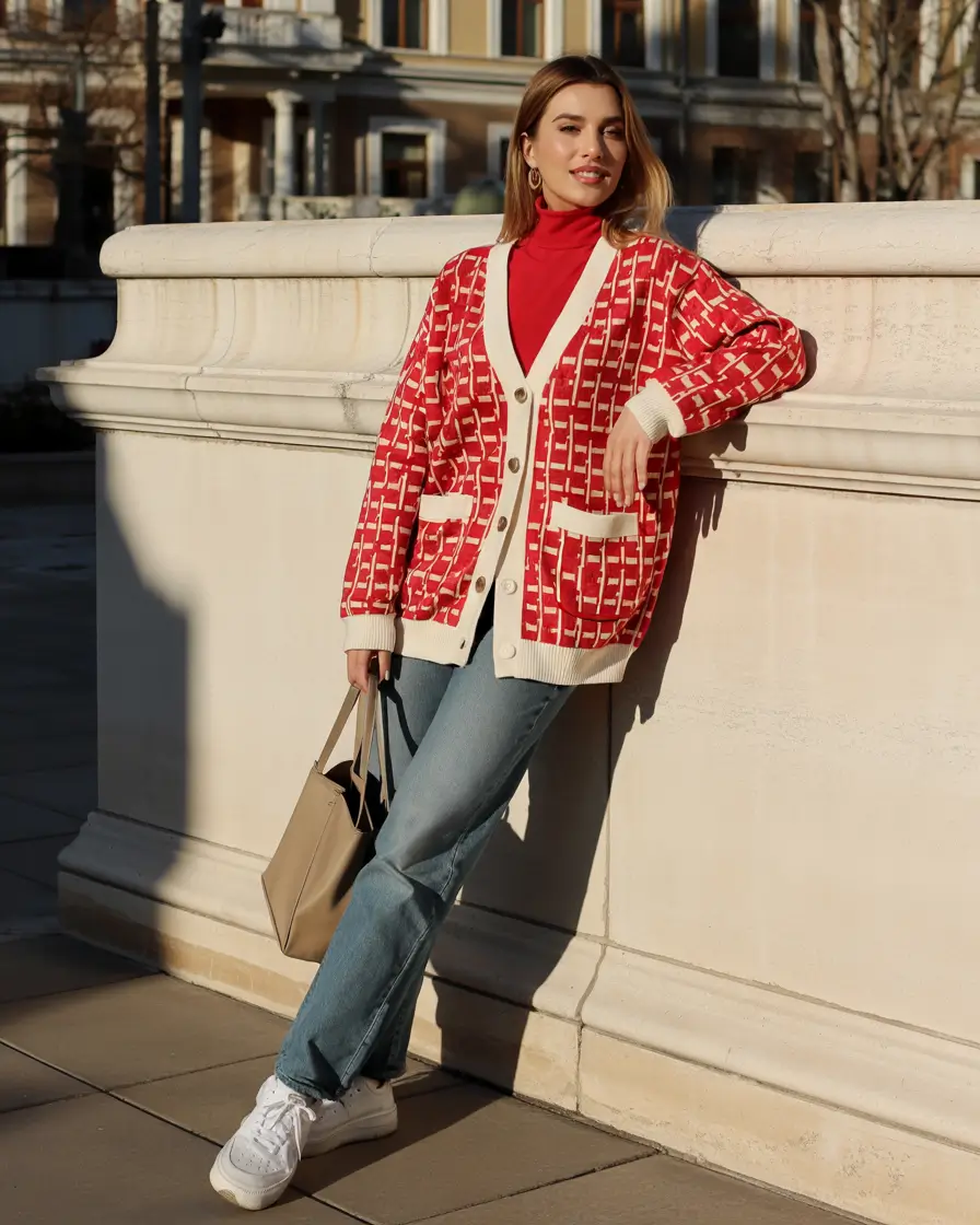October outfits ideas 2025 Retro Red Cardigan Charm
