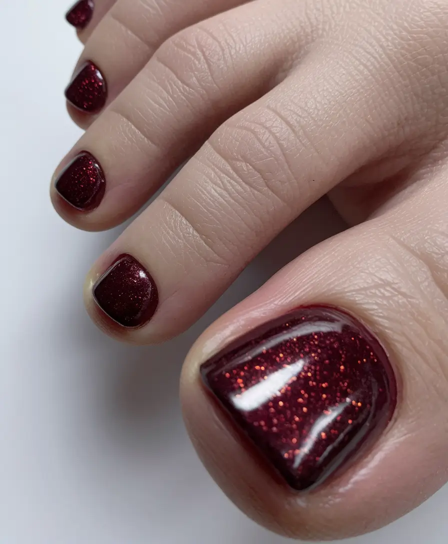 October toe nails ideas 2025 Glittering Wine Red