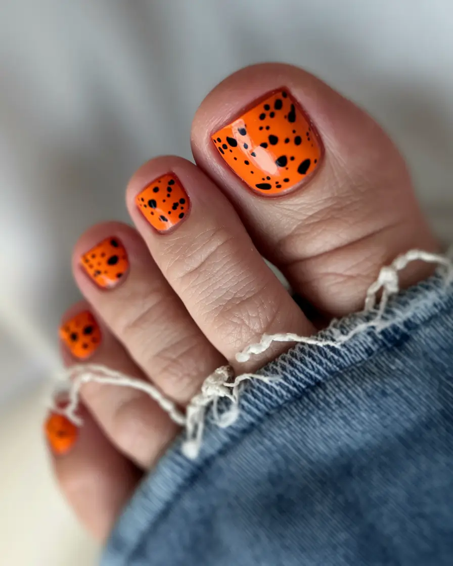 October toe nails ideas 2025 Spooky Orange with Black Speckles