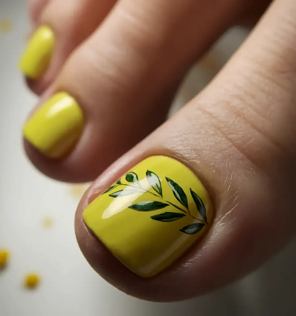 October toe nails ideas 2025 Botanical Yellow Accent