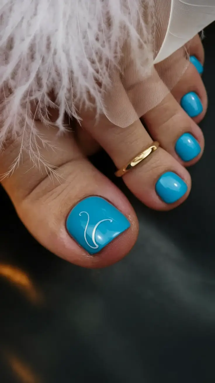 October toe nails ideas 2025 Bright Blue with Minimal White Detail
