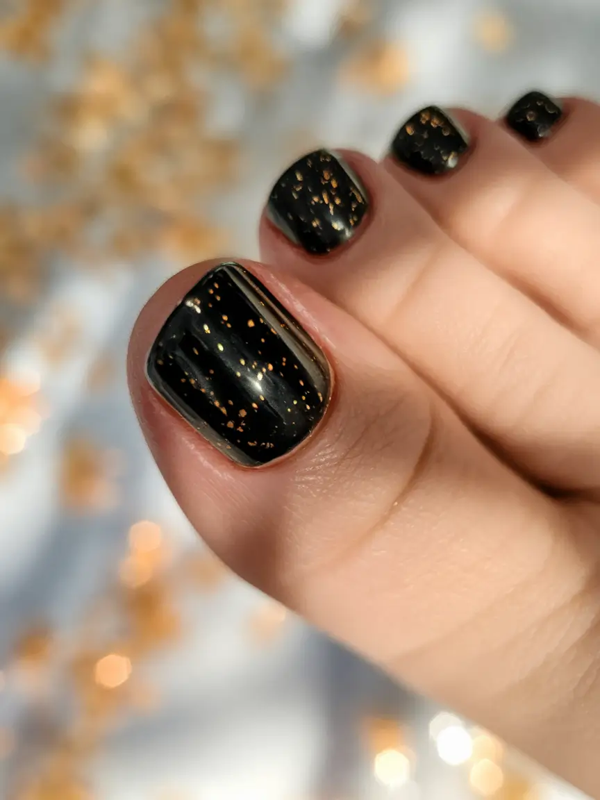 October toe nails ideas 2025 Golden Spark on Black