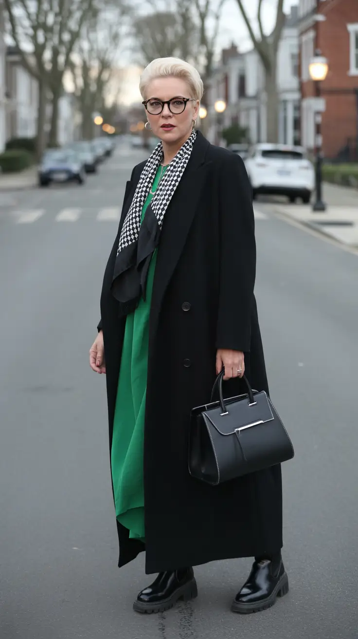 Outfits for Women Over 40 Winter 2025 2026 Green Statement Dress with Black Layers