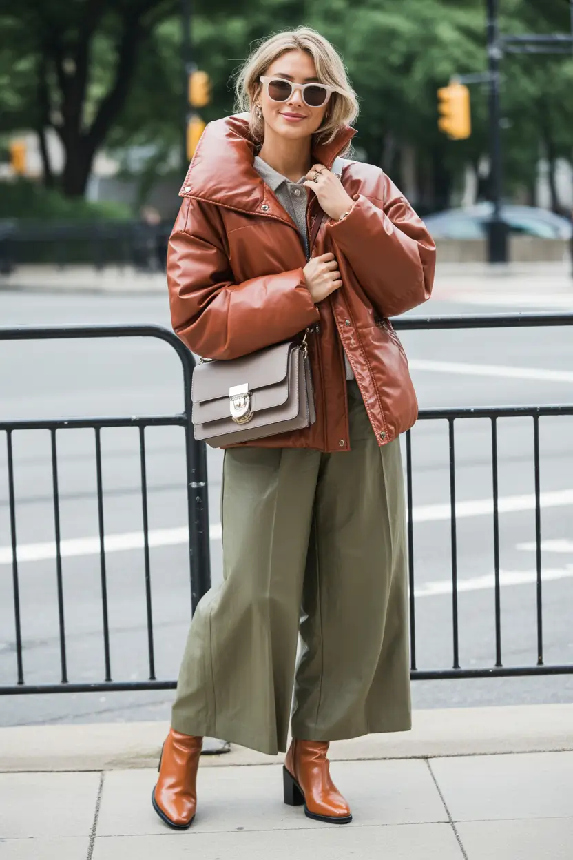 Outfits for Women Over 40 Winter 2025 2026 Rusty Puffer with Wide Leg Trousers