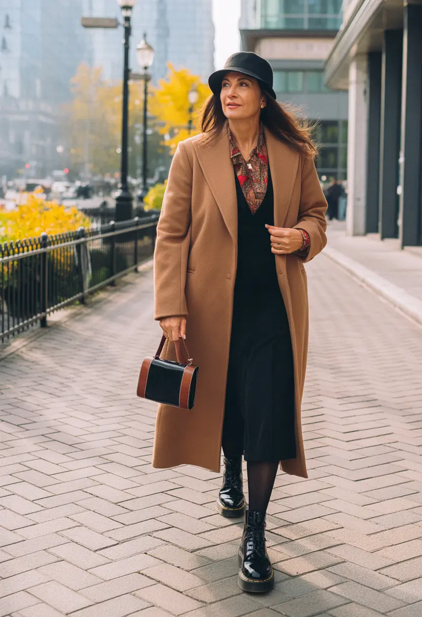 Outfits for Women Over 40 Winter 2025 2026 Camel Coat with Chic Black Dress