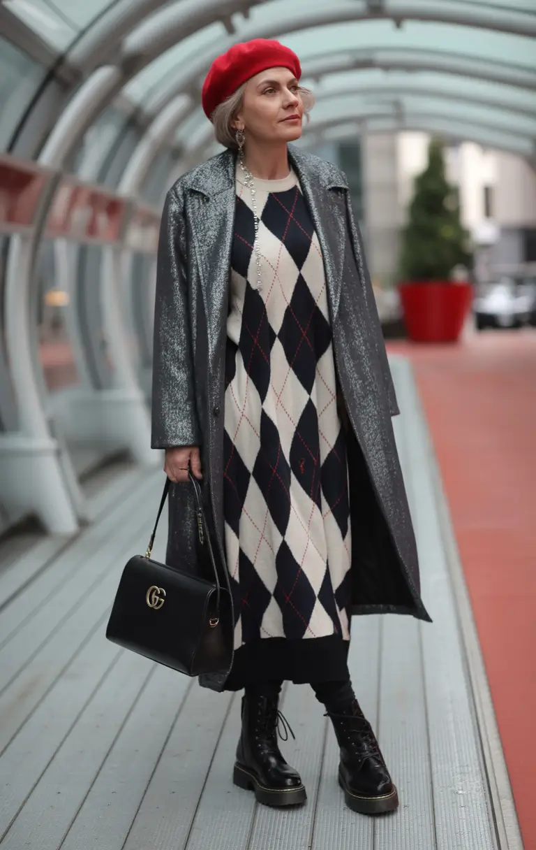 Outfits for Women Over 40 Winter 2025 2026 Preppy Argyle with Metallic Coat