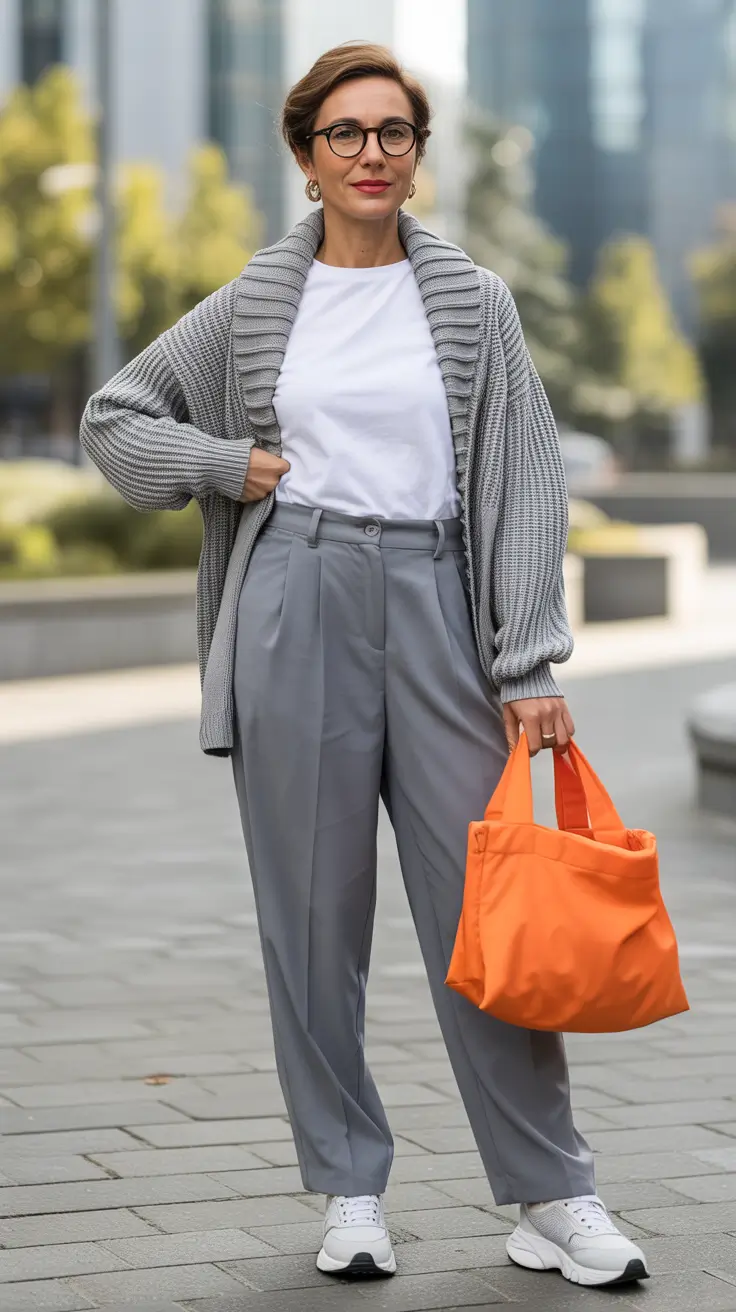 Outfits for Women Over 40 Winter 2025 2026 Relaxed Gray Layers with a Pop of Orange