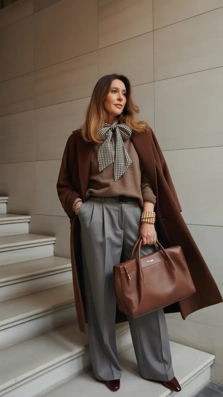 Outfits for Women Over 40 Winter 2025 2026 Statement Bow and Wide Leg Trousers