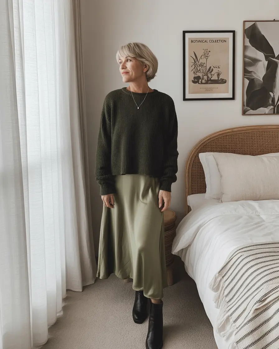 Outfits for Women Over 40 Winter 2025 2026 Soft Green Skirt and Cropped Knit