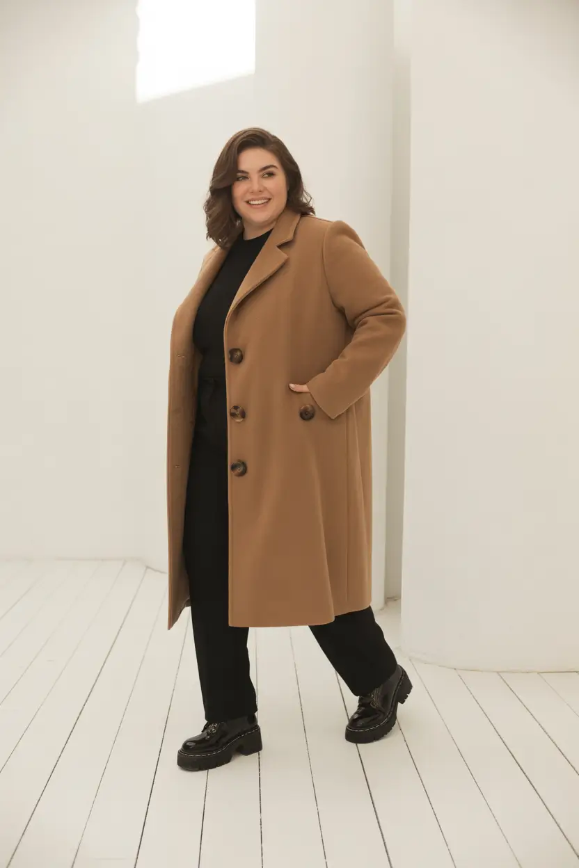 Plus Size Capsule Wardrobe Winter 2025-2026 Timeless Layers in Camel and Black