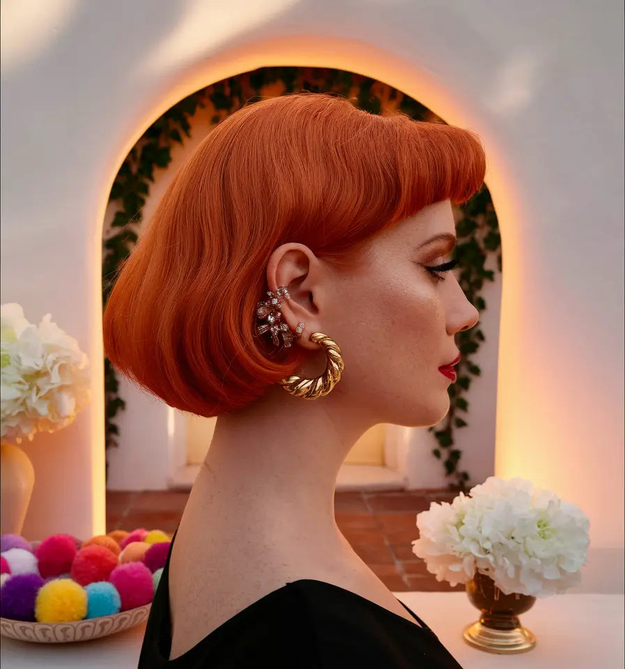 short winter haircuts for women Fiery Red Bob with Vintage Bangs