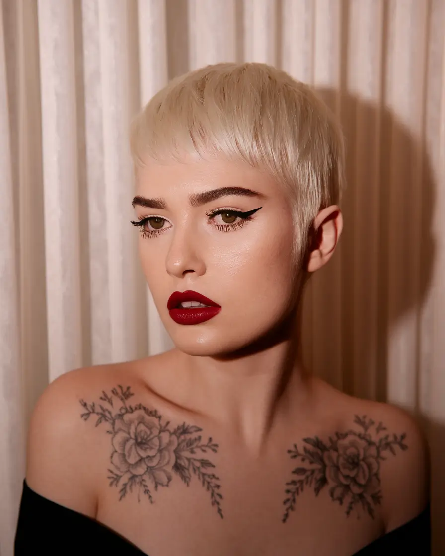 short winter haircuts for women Platinum Pixie with Micro Bangs