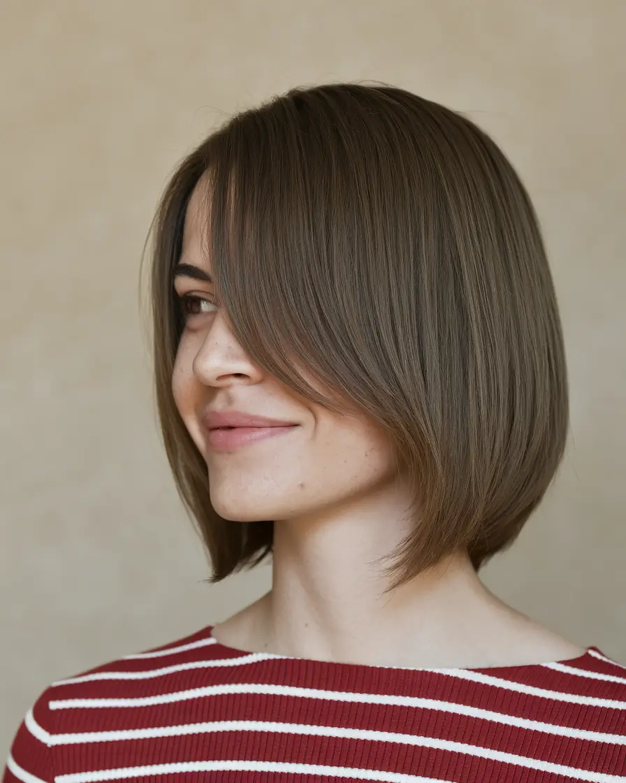 short winter haircuts for women Side-Swept Bob in Cool Brown