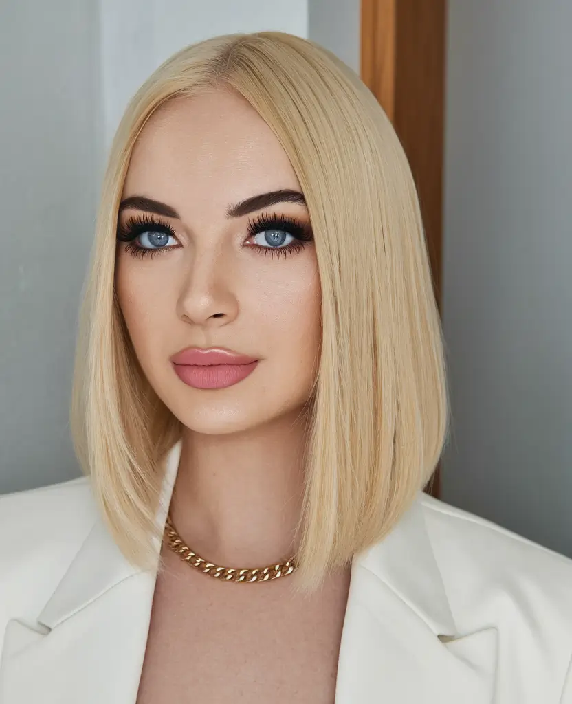 short winter haircuts for women Polished Straight Lob with Golden Blonde
