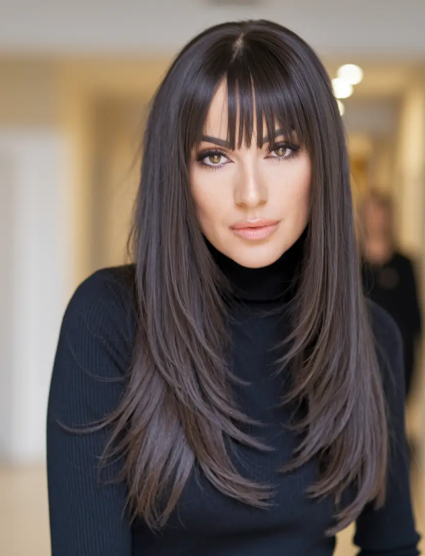 Trending Hair Colors Winter 2025-2026 Textured Brunette with Fringe