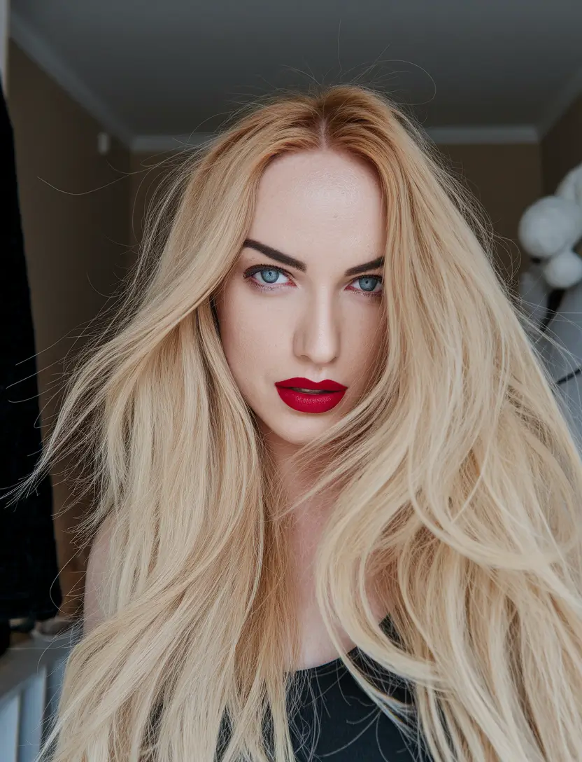 Trending Hair Colors Winter 2025-2026 Platinum Waves with a Bold Lip